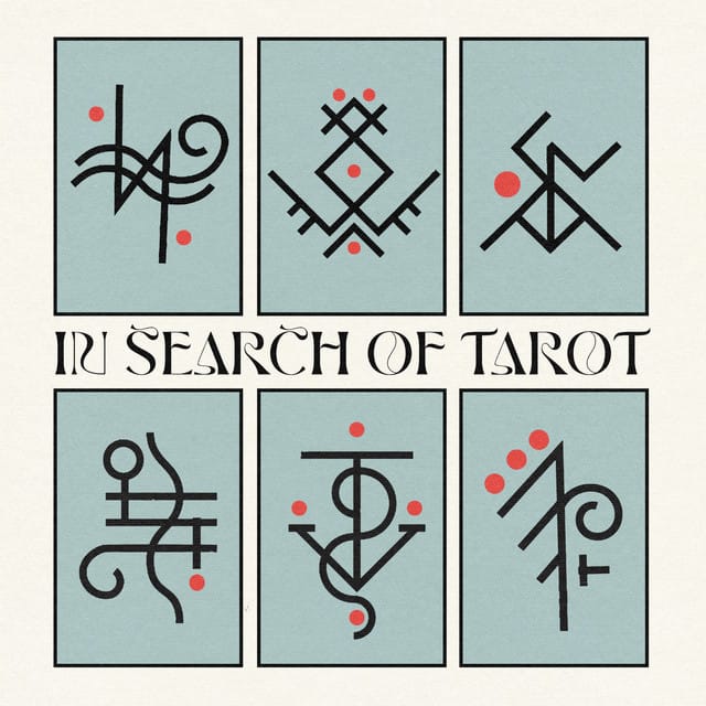 podcast graphic of 6 light blue rectangles with abstract black writing and red dots against a beige square and the words In Search of Tarot